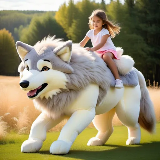 Prompt: young girl mounted atop her giant plush wolf, riding fast, fluffy fur, thick fur, soft fur, plush fur, warm fur, giant plush steed, wide back, giant head, giant legs, giant body, giant paws, full body shot, side view, very long hair, sunny, warm, grass, field, bit,
