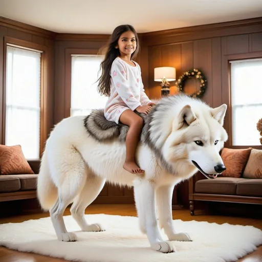 Prompt: young girl mounted atop her giant riding wolf, riding, fluffy fur, thick fur, soft fur, long fur, warm fur, giant riding steed, wide back, giant head, giant legs, giant body, giant paws, full body shot, side view, very long hair, living room, long fur pajamas,