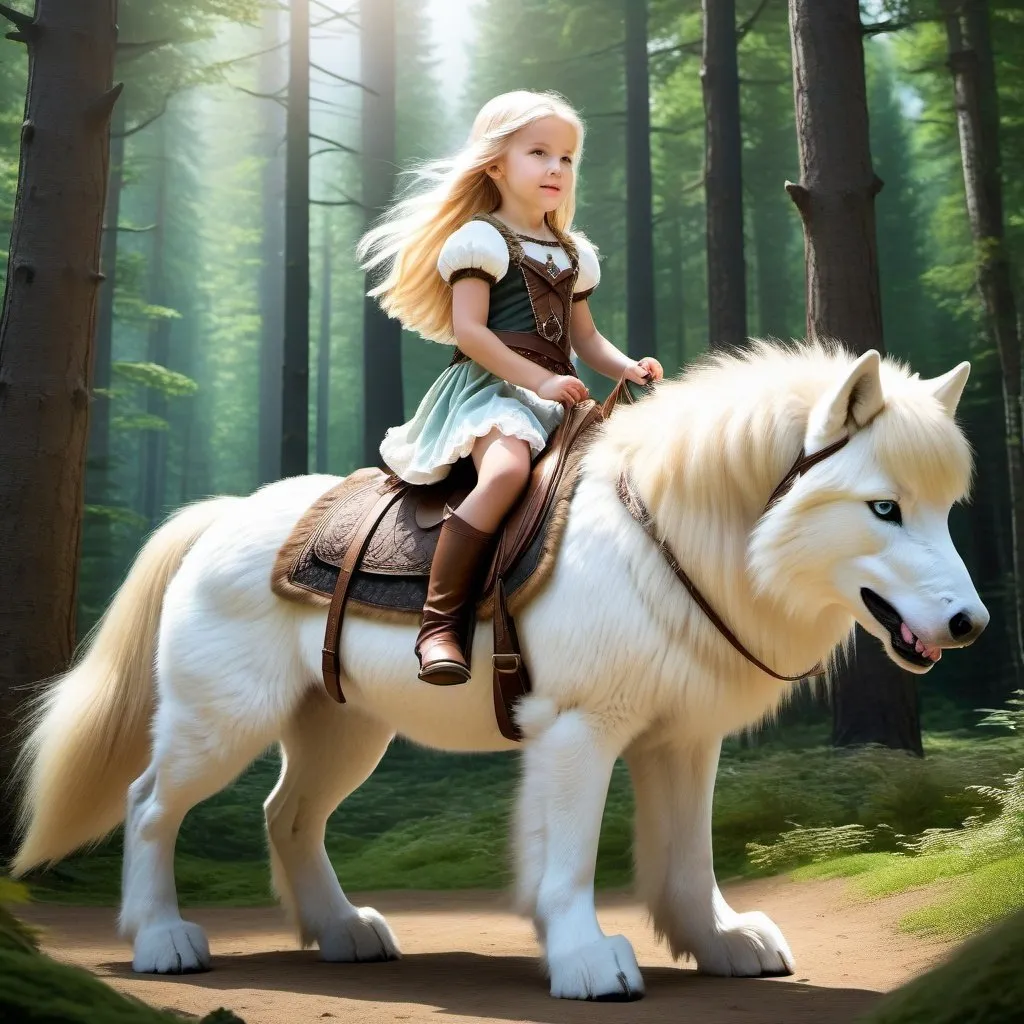 Prompt: small girl mounted atop her giant direwolf, riding play, fluffy fur, thick fur, soft fur, warm fur, giant riding steed, wide back, giant head, giant legs, giant body, giant paws, full body shot, side view, very long blonde hair, soft saddle, soft harness, soft bridle, forest, summer dress,