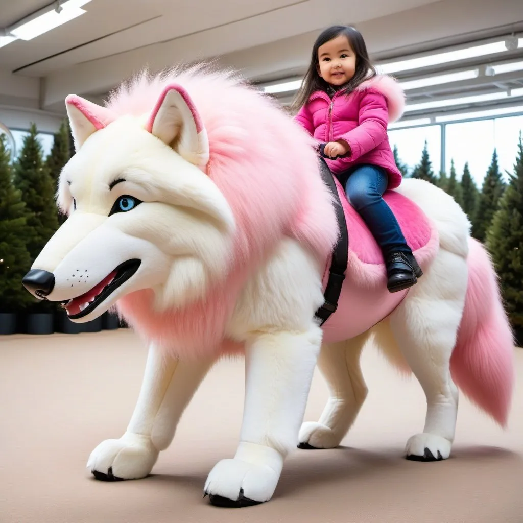 Prompt: small girl mounted atop her giant riding wolf, riding play, fluffy fur, thick fur, plush fur, soft fur, warm fur, giant steed, wide back, giant head, giant legs, giant body, giant paws, full body shot, side view, very long hair, pink plush harness,