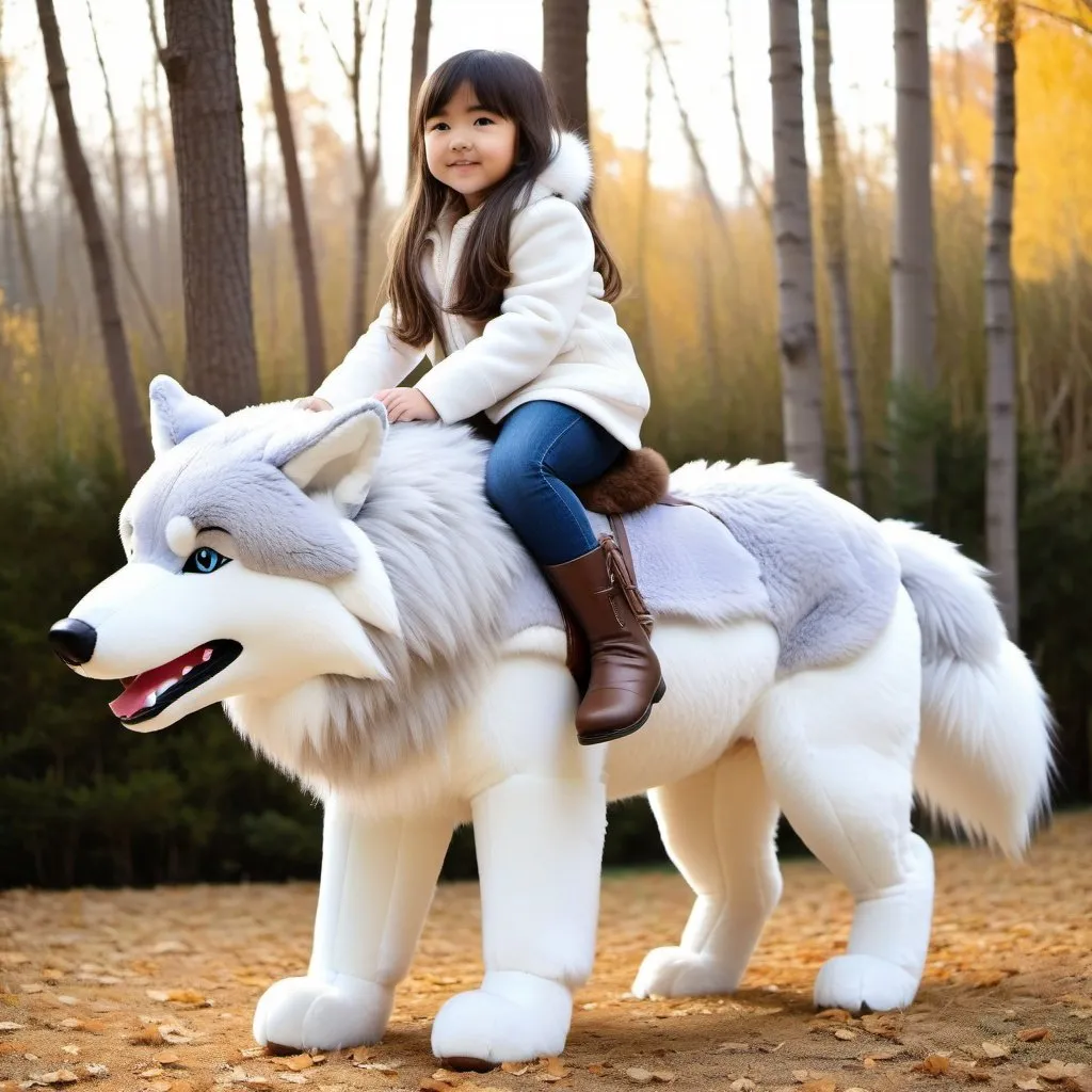 Prompt: small girl mounted atop her giant riding wolf, riding play, fluffy fur, thick fur, plush fur, soft fur, warm fur, giant plush steed, wide back, giant head, giant legs, giant body, giant paws, full body shot, side view, very long hair, plushie,