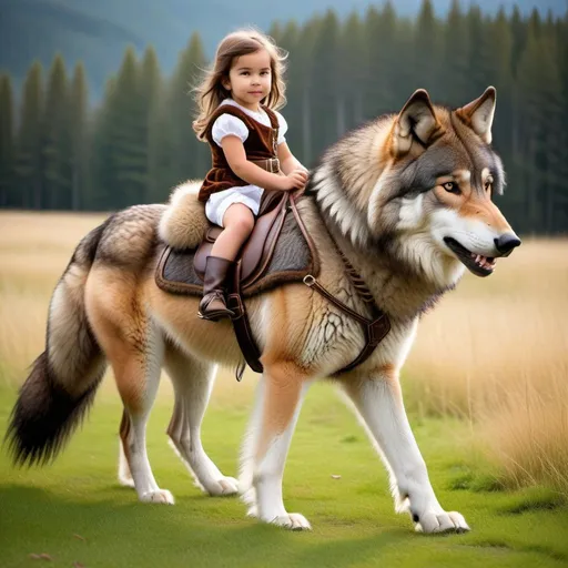 Prompt: a small girl mounted atop her giant wolf, riding, fluffy fur, thick fur, plush fur, soft fur, warm fur, giant riding steed, wide back, giant head, giant legs, giant body, giant paws, full body shot, side view, very long brown hair, grass, field, harness, bit, bridle, reins, fur saddle, 