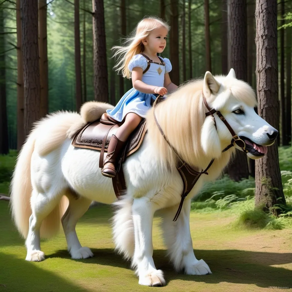 Prompt: small girl mounted atop her giant direwolf, riding play, fluffy fur, thick fur, soft fur, warm fur, giant riding steed, wide back, giant head, giant legs, giant body, giant paws, full body shot, side view, very long blonde hair, soft saddle, soft harness, soft bridle, muzzle bit, forest, summer dress,