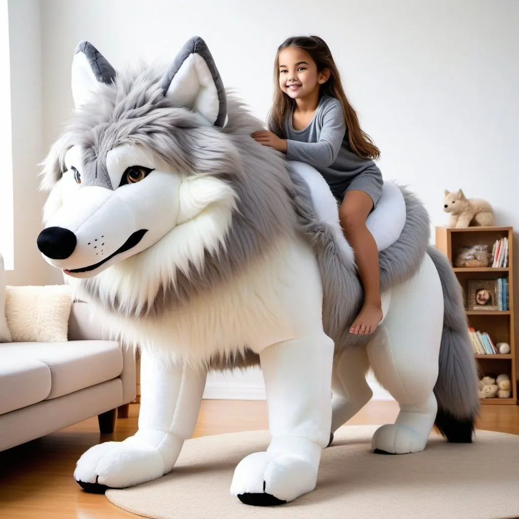 Prompt: young girl mounted atop her giant plush wolf, riding, fluffy fur, thick fur, soft fur, long fur, warm fur, giant plush steed, wide back, giant head, giant legs, giant body, giant paws, full body shot, side view, very long hair, living room, long fur pajamas,