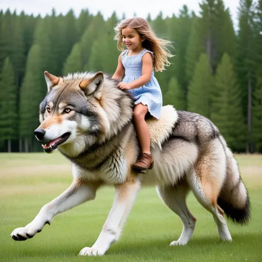 Prompt: a young girl mounted atop her 7 feet tall wolf, riding fast, deep fur, fluffy fur, plush fur, thick fur, soft fur, long fur, warm fur, mane, giant riding steed, wide back, giant head, giant legs, giant body, giant paws, full body shot, side view, grass, field, lawn, holding mane,