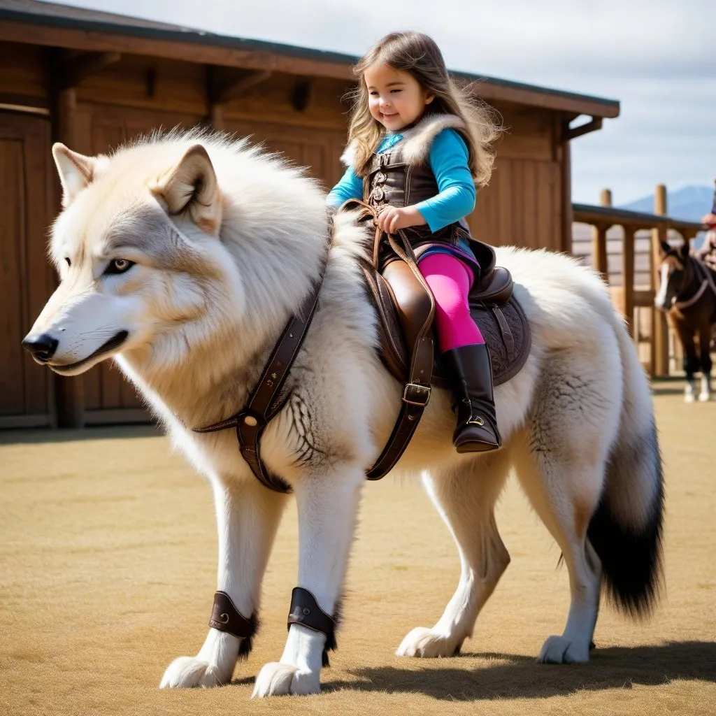 Prompt: small girl mounted atop her giant riding wolf, riding play, fluffy fur, thick fur, plush fur, soft fur, warm fur, giant steed, wide back, giant head, giant legs, giant body, giant paws, full body shot, side view, very long hair, stable, harness, soft saddle, bridle, bit,