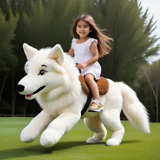 Prompt: small girl mounted atop her giant plush wolf, riding fast, white fur, fluffy fur, thick fur, plush fur, soft fur, warm fur, giant plush steed, wide back, giant head, giant legs, giant body, giant paws, full body shot, side view, very long brown hair, lawn, field, pony play,