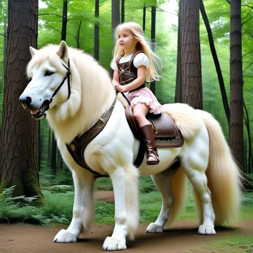 Prompt: small girl mounted atop her giant direwolf, riding play, fluffy fur, thick fur, soft fur, warm fur, giant riding steed, wide back, giant head, giant legs, giant body, giant paws, full body shot, side view, very long blonde hair, soft saddle, soft harness, soft bridle, forest, summer dress,