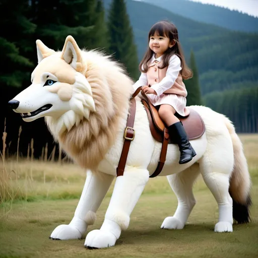 Prompt: a small girl mounted atop her giant wolf, riding, fluffy fur, thick fur, plush fur, soft fur, warm fur, giant riding steed, wide back, giant head, giant legs, giant body, giant paws, full body shot, side view, very long hair, grass, field, thick plush saddle,