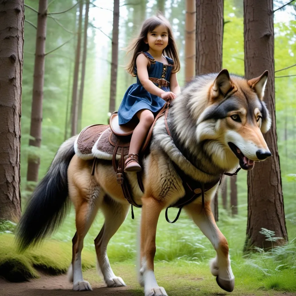 Prompt: small girl mounted atop her giant saddle wolf, riding play, fluffy fur, thick fur, soft fur, warm fur, giant riding steed, wide back, giant head, giant legs, giant body, giant paws, full body shot, side view, very long hair, soft saddle, soft harness, soft bridle, muzzle bit, forest, summer dress,