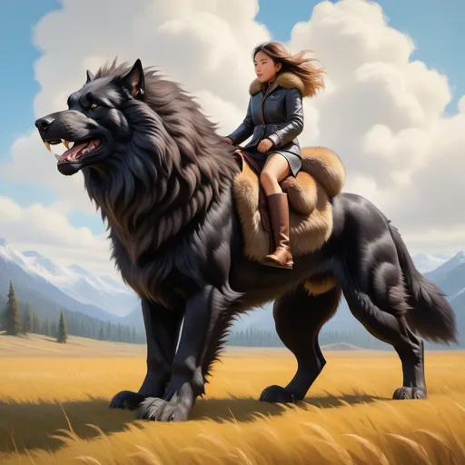 Prompt: a short girl mounted atop her 2 meter tall giant hellhound, riding, fluffy fur, thick fur, soft fur, warm fur, mane, giant riding steed, wide back, giant head, giant legs, giant body, giant paws, full body shot, side view, field, dense fur, 4k fur, fur with depth, oil painting,