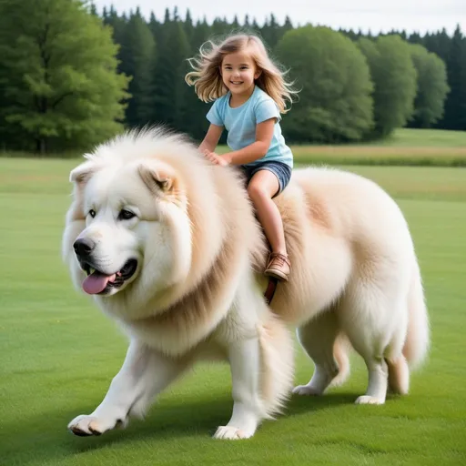 Prompt: a young girl mounted atop her 7 feet tall dog, riding fast, deep fur, fluffy fur, plush fur, thick fur, soft fur, long fur, warm fur, mane, giant riding steed, wide back, giant head, giant legs, giant body, giant paws, full body shot, side view, grass, field, lawn, holding mane,