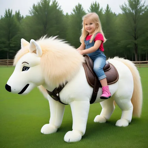 Prompt: a young girl mounted atop her giant plush wolf mare, riding, deep fur, fluffy fur, plush fur, thick fur, soft fur, long fur, warm fur, giant plush steed, wide back, giant head, giant legs, giant body, giant paws, full body shot, side view, very long blonde hair, grass, field, lawn, plush bound harness, soft saddle,