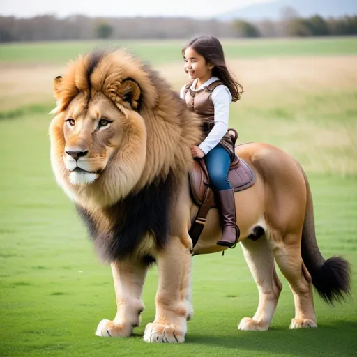 Prompt: a young girl mounted atop her giant lion, riding, fluffy fur, thick fur, plush fur, soft fur, warm fur, giant riding steed, wide back, giant head, giant legs, giant body, giant paws, full body shot, side view, very long hair, grass, field, soft harness, bit, bridle, reins, soft saddle, 