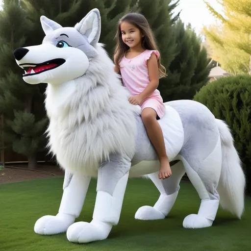 Prompt: young girl mounted atop her giant plush wolf, riding play, fluffy fur, plush fur, thick fur, soft fur, long fur, warm fur, giant plush steed, wide back, giant head, giant legs, giant body, giant paws, full body shot, side view, very long hair, home, yard, fur pajamas, muzzle bit, soft bridle,