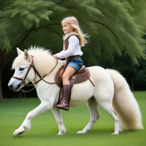 Prompt: a young girl mounted atop her giant wolf mare, riding, deep fur, fluffy fur, plush fur, thick fur, soft fur, long fur, warm fur, giant plush steed, wide back, giant head, giant legs, giant body, giant paws, full body shot, side view, very long blonde hair, grass, field, lawn, soft fur harness, soft fur saddle, cantering,