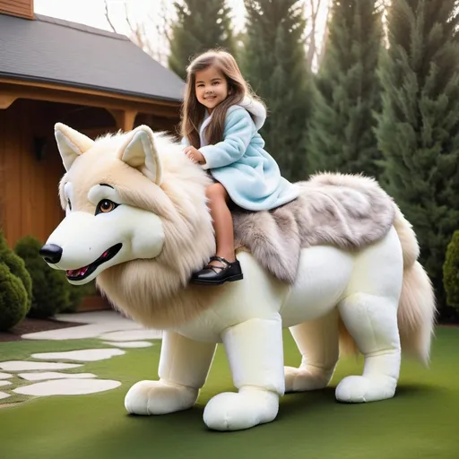Prompt: little girl mounted atop her giant plush wolf, riding, fluffy fur, plush fur, thick fur, soft fur, long fur, warm fur, giant plush steed, wide back, giant head, giant legs, giant body, giant paws, full body shot, side view, very long hair, home, yard, warm fur robe,