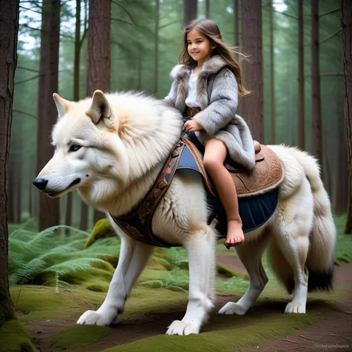 Prompt: young girl mounted atop her giant bound wolf, riding hard, fluffy fur, thick fur, soft fur, long fur, warm fur, giant riding steed, wide back, giant head, giant legs, giant body, giant paws, full body shot, side view, very long hair, soft saddle, soft harness, soft bridle, muzzle bit, forest, long fur pajamas,