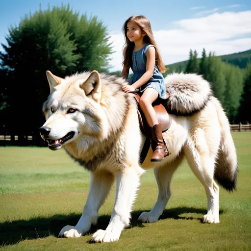 Prompt: a young girl mounted atop her giant wolf, riding, fluffy fur, thick fur, soft fur, warm fur, giant riding steed, wide back, giant head, giant legs, giant body, giant paws, full body shot, side view, very long hair, grass, field,