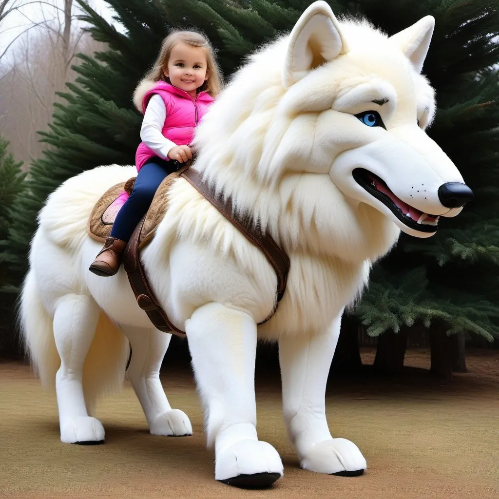 Prompt: small girl mounted atop her giant riding wolf, riding play, fluffy fur, thick fur, plush fur, soft fur, warm fur, giant plush steed, wide back, giant head, giant legs, giant body, giant paws, full body shot, side view, very long hair, stable, soft harness, bit,