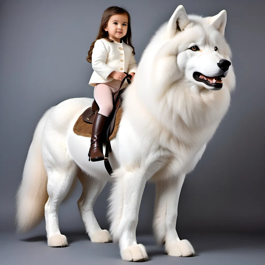 Prompt: small girl mounted atop her giant wolf, riding, dressage, white fur, fluffy fur, thick fur, plush fur, soft fur, warm fur, giant riding steed, wide back, giant head, giant legs, giant body, giant paws, full body shot, side view, very long brown hair, 