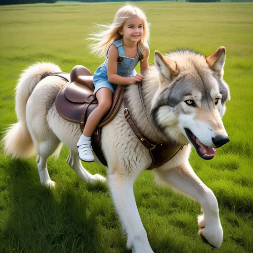 Prompt: a young girl mounted atop her giant wolf mare, riding, deep fur, fluffy fur, plush fur, thick fur, soft fur, long fur, warm fur, giant steed, wide back, giant head, giant legs, giant body, giant paws, full body shot, side view, very long blonde hair, grass, field, lawn, leather bound harness,