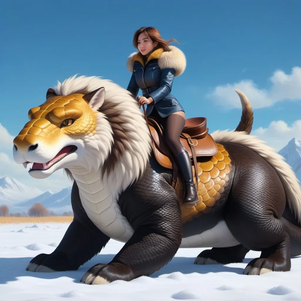 Prompt: a short girl mounted atop her 2 meter tall giant snake pony, riding, fluffy fur, thick fur, soft fur, warm fur, mane, giant riding steed, wide back, giant head, giant legs, giant body, giant paws, full body shot, side view, field, dense fur, 4k fur, fur with depth, oil painting,