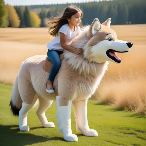 Prompt: young girl mounted atop her giant plush wolf, riding fast, fluffy fur, thick fur, soft fur, plush fur, warm fur, giant plush steed, wide back, giant head, giant legs, giant body, giant paws, full body shot, side view, very long hair, sunny, warm, grass, field, bit,