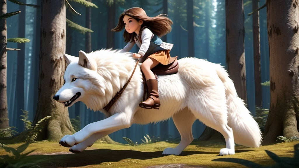 Prompt: small girl mounted atop her giant wolf, riding fast, white fur, fluffy fur, thick fur, plush fur, soft fur, warm fur, giant riding steed, wide back, giant head, giant legs, giant body, giant paws, full body shot, side view, very long brown hair, forest, bit,