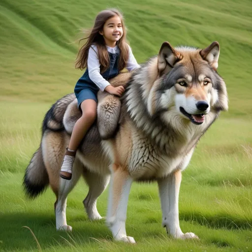 Prompt: a young girl mounted atop her giant wolf, riding hard, deep fur, fluffy fur, plush fur, thick fur, soft fur, long fur, warm fur, giant noble steed, wide back, giant head, giant legs, giant body, giant paws, full body shot, side view, very long hair, grass, field, lawn, faux fur clothes,