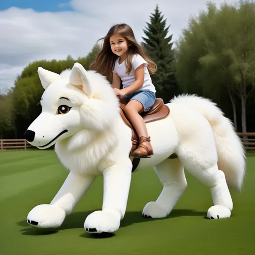 Prompt: small girl mounted atop her giant plush wolf, riding fast, white fur, fluffy fur, thick fur, plush fur, soft fur, warm fur, giant plush steed, wide back, giant head, giant legs, giant body, giant paws, full body shot, side view, very long brown hair, field, lawn, pony play,