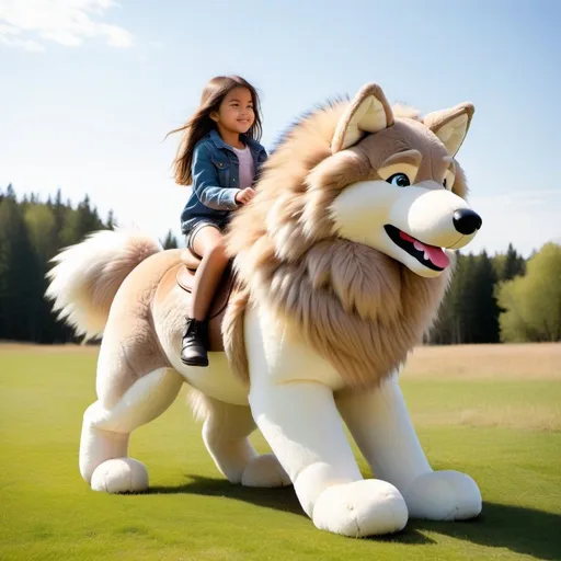 Prompt: young girl mounted atop her giant plush wolf, riding fast, fluffy fur, thick fur, soft fur, plush fur, warm fur, giant plush steed, wide back, giant head, giant legs, giant body, giant paws, full body shot, side view, very long hair, sunny, warm, grass, field, bit,