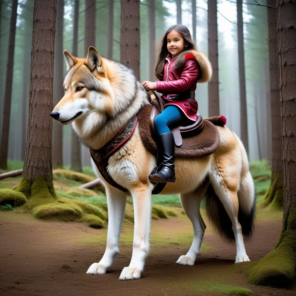 Prompt: young girl mounted atop her giant saddle wolf, riding hard, fluffy fur, thick fur, soft fur, long fur, warm fur, giant riding steed, wide back, giant head, giant legs, giant body, giant paws, full body shot, side view, very long hair, soft saddle, soft harness, soft bridle, muzzle bit, forest, long fur pajamas,