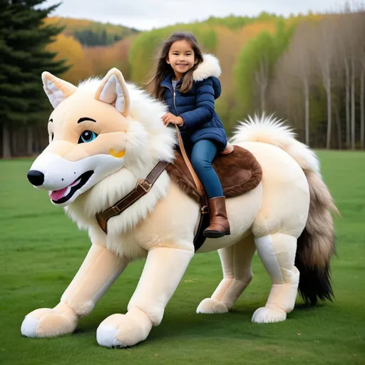 Prompt: young girl mounted atop her giant plush wolf, riding, fluffy fur, thick fur, soft fur, plush fur, warm fur, giant plush steed, wide back, giant head, giant legs, giant body, giant paws, full body shot, side view, very long hair, grass, field, bridle, bit, fur saddle, fur harness,