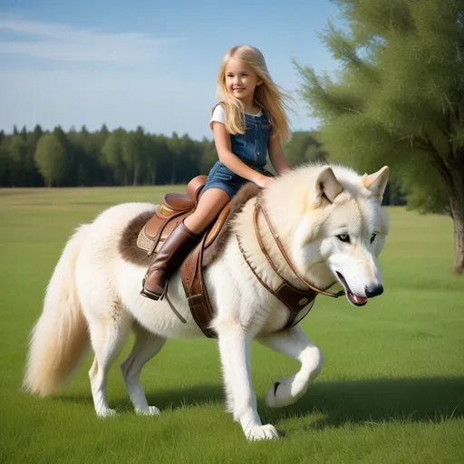 Prompt: a young girl mounted atop her giant wolf mare, riding, deep fur, fluffy fur, plush fur, thick fur, soft fur, long fur, warm fur, giant plush steed, wide back, giant head, giant legs, giant body, giant paws, full body shot, side view, very long blonde hair, grass, field, lawn, soft fur harness, soft fur saddle,