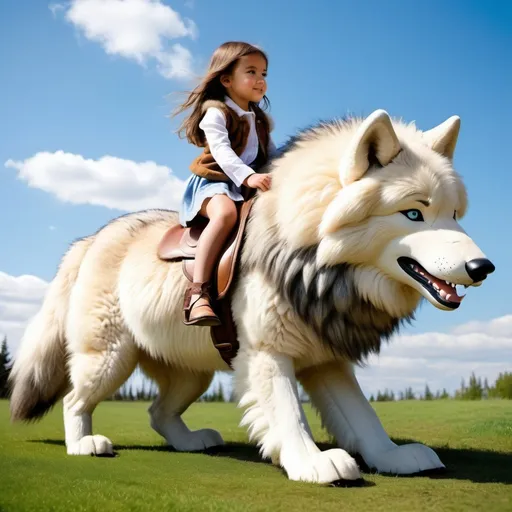 Prompt: small girl mounted atop her giant wolf, riding, fluffy fur, thick fur, plush fur, soft fur, warm fur, giant riding steed, wide back, giant head, giant legs, giant body, giant paws, full body shot, side view, very long hair, grass, field,