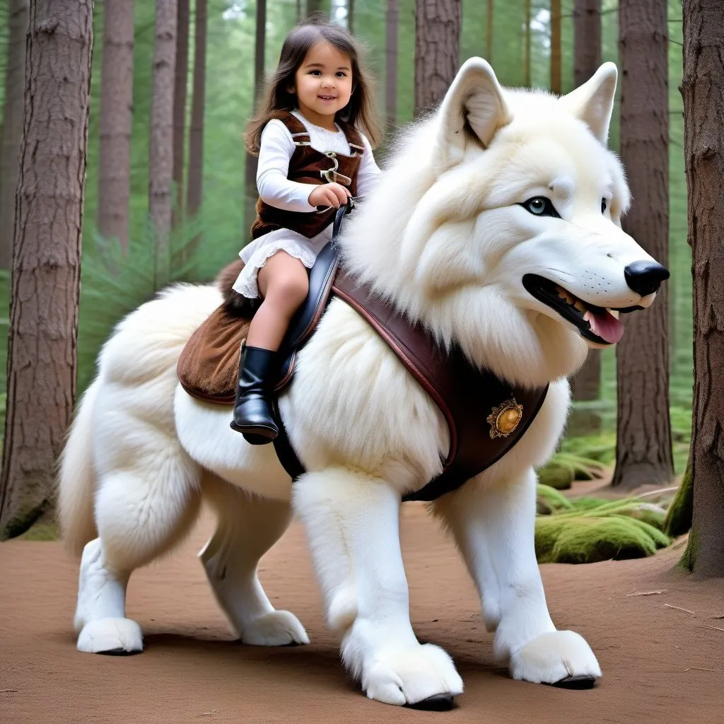 Prompt: small girl mounted atop her giant riding wolf, riding play, fluffy fur, thick fur, plush fur, soft fur, warm fur, giant riding steed, wide back, giant head, giant legs, giant body, giant paws, full body shot, side view, very long hair, soft harness, soft bridle, forest,