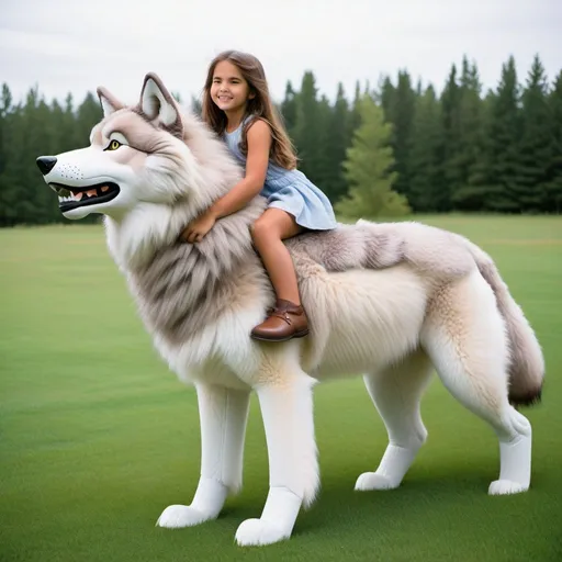 Prompt: a young girl mounted atop her 7 feet tall plush wolf, riding, fluffy fur, plush fur, thick fur, soft fur, warm fur, long mane, giant riding steed, wide back, giant head, giant legs, giant body, giant paws, full body shot, side view, grass, field, lawn, holding mane,