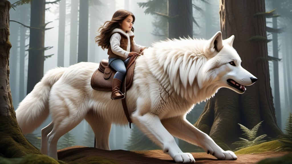 Prompt: small girl mounted atop her giant wolf, riding bareback, white fur, fluffy fur, thick fur, plush fur, soft fur, warm fur, giant riding steed, wide back, giant head, giant legs, giant body, giant paws, full body shot, side view, very long brown hair, forest, bit, photorealistic,