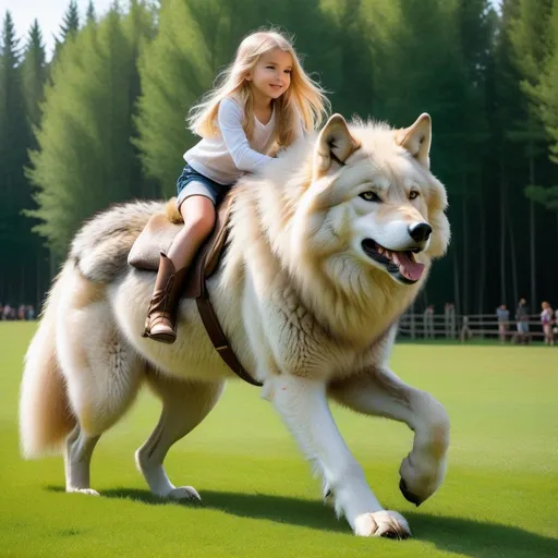 Prompt: a young girl mounted atop her giant wolf, riding, fluffy fur, plush fur, thick fur, soft fur, long fur, warm fur, giant steed, wide back, giant head, giant legs, giant body, giant paws, full body shot, side view, very long blonde hair, grass, field, lawn, bareback,