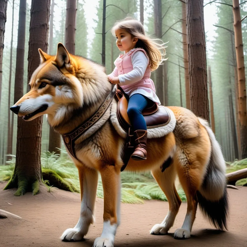 Prompt: small girl mounted atop her giant riding wolf, riding play, fluffy fur, thick fur, soft fur, warm fur, giant riding steed, wide back, giant head, giant legs, giant body, giant paws, full body shot, side view, very long hair, soft saddle, soft harness, soft bridle, forest,