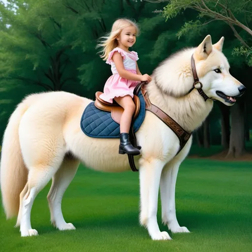 Prompt: a young girl mounted atop her giant wolf mare, riding, deep fur, fluffy fur, plush fur, thick fur, soft fur, long fur, warm fur, giant plush steed, wide back, giant head, giant legs, giant body, giant paws, full body shot, side view, very long blonde hair, grass, field, lawn, plush bound harness, soft saddle,