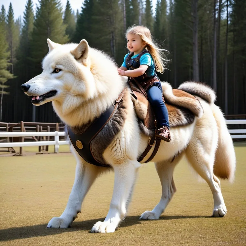 Prompt: small girl mounted atop her giant riding wolf, riding play, fluffy fur, thick fur, plush fur, soft fur, warm fur, giant steed, wide back, giant head, giant legs, giant body, giant paws, full body shot, side view, very long hair, stable, bound harness, bridle, bit,