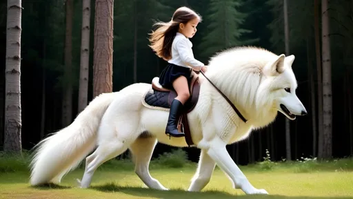 Prompt: small girl mounted atop her giant wolf, riding, dressage, white fur, fluffy fur, thick fur, plush fur, soft fur, warm fur, giant riding steed, wide back, giant head, giant legs, giant body, giant paws, full body shot, side view, very long brown hair, ponytail, forest,