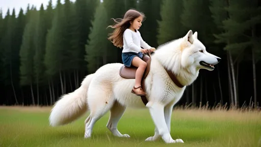 Prompt: small girl mounted atop her giant wolf, riding fast, white fur, fluffy fur, thick fur, plush fur, soft fur, warm fur, giant riding steed, wide back, giant head, giant legs, giant body, giant paws, full body shot, side view, very long brown hair, grass, field,