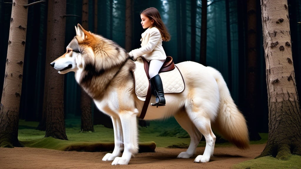 Prompt: small girl mounted atop her giant wolf, riding, dressage, white fur, fluffy fur, thick fur, plush fur, soft fur, warm fur, giant riding steed, wide back, giant head, giant legs, giant body, giant paws, full body shot, side view, very long brown hair, forest, bit,