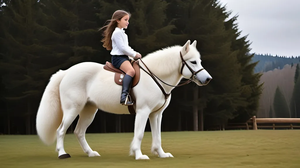 Prompt: small girl mounted atop her giant wolf, riding, dressage, white fur, fluffy fur, thick fur, plush fur, soft fur, warm fur, giant riding steed, wide back, giant head, giant legs, giant body, giant paws, full body shot, side view, very long brown hair, bridle, bit, reins,