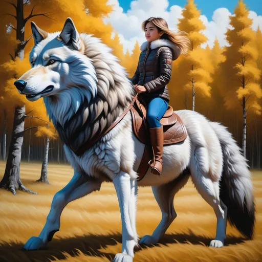 Prompt: short girl mounted atop her 2 meter tall giant wolf pony, riding, fluffy fur, thick fur, soft fur, warm fur, mane, giant riding steed, wide back, giant head, giant legs, giant body, giant paws, full body shot, side view, field, dense fur, 4k fur, fur with depth, oil painting,