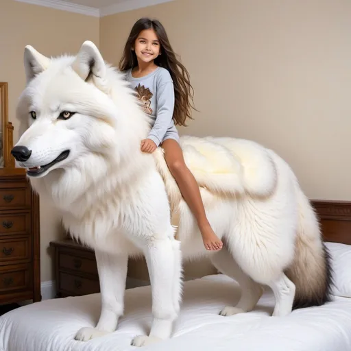 Prompt: young girl mounted atop her giant riding wolf, riding fast, fluffy fur, thick fur, soft fur, long fur, warm fur, giant riding steed, wide back, giant head, giant legs, giant body, giant paws, full body shot, side view, very long hair, bedroom, long fur pajamas,