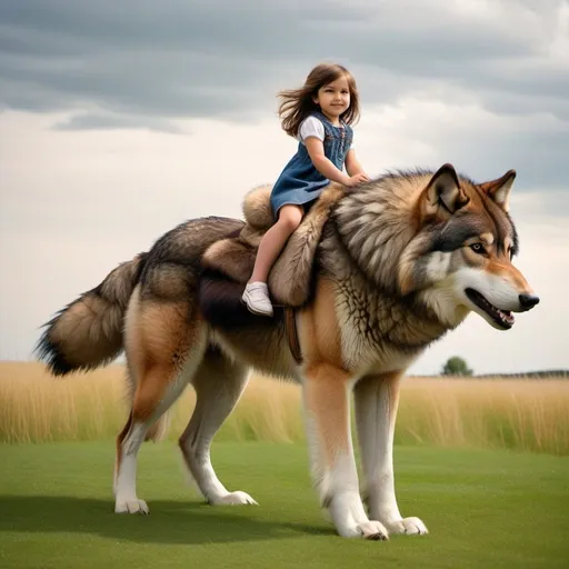 Prompt: small girl mounted atop her giant wolf, riding, fluffy fur, thick fur, plush fur, soft fur, warm fur, giant riding steed, wide back, giant head, giant legs, giant body, giant paws, full body shot, side view, very long brown hair, grass, field, bit,